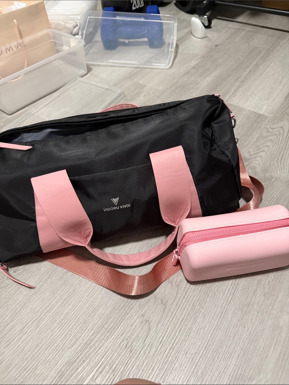 Black and Pink Women's Duffle Bag with Pink Pouch, gym bag.